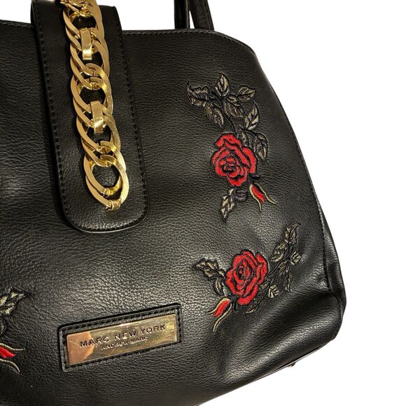 Marc New York (Andrew Marc) Black Handbag With Embroidered Red Roses Gold Hdware - Picture 4 of 10